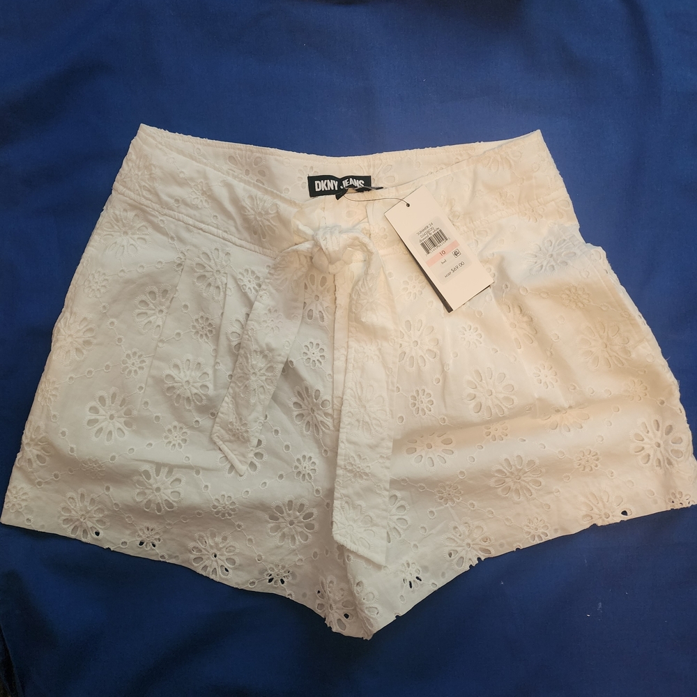 Women's Ladie's DKNY White Eyelet Tie-Waist High-Rise Shorts Size 10